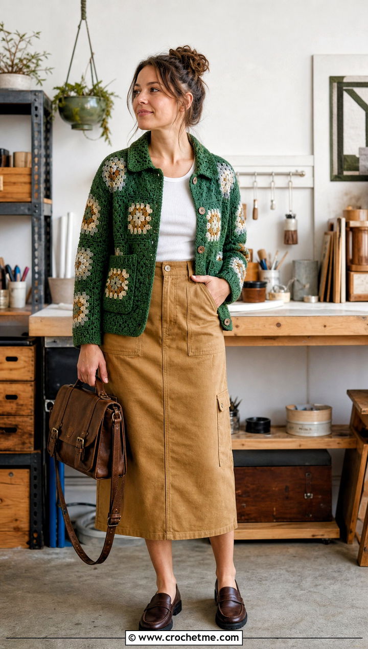 Granny Square Chore Jacket With Utility Skirt - 30 granny square jackets outfit ideas