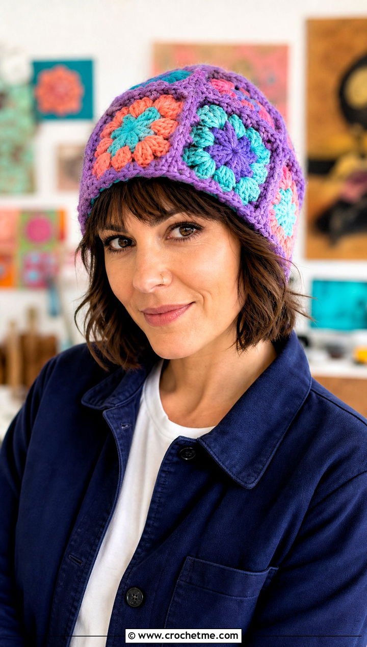 Granny Square Chunky Beanie With Chore Coat - 35 crochet chunky beanie outfit ideas
