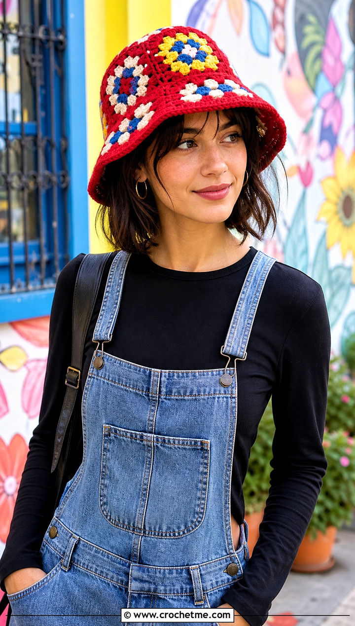 Granny Square Chunky Bucket Hat With Denim Overalls - 30 crochet chunky bucket hat outfit ideas