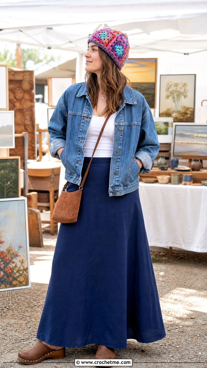 Granny Square Chunky Crochet Beanie With Denim Jacket And Maxi Skirt - 35 chunky crochet beanie outfit ideas