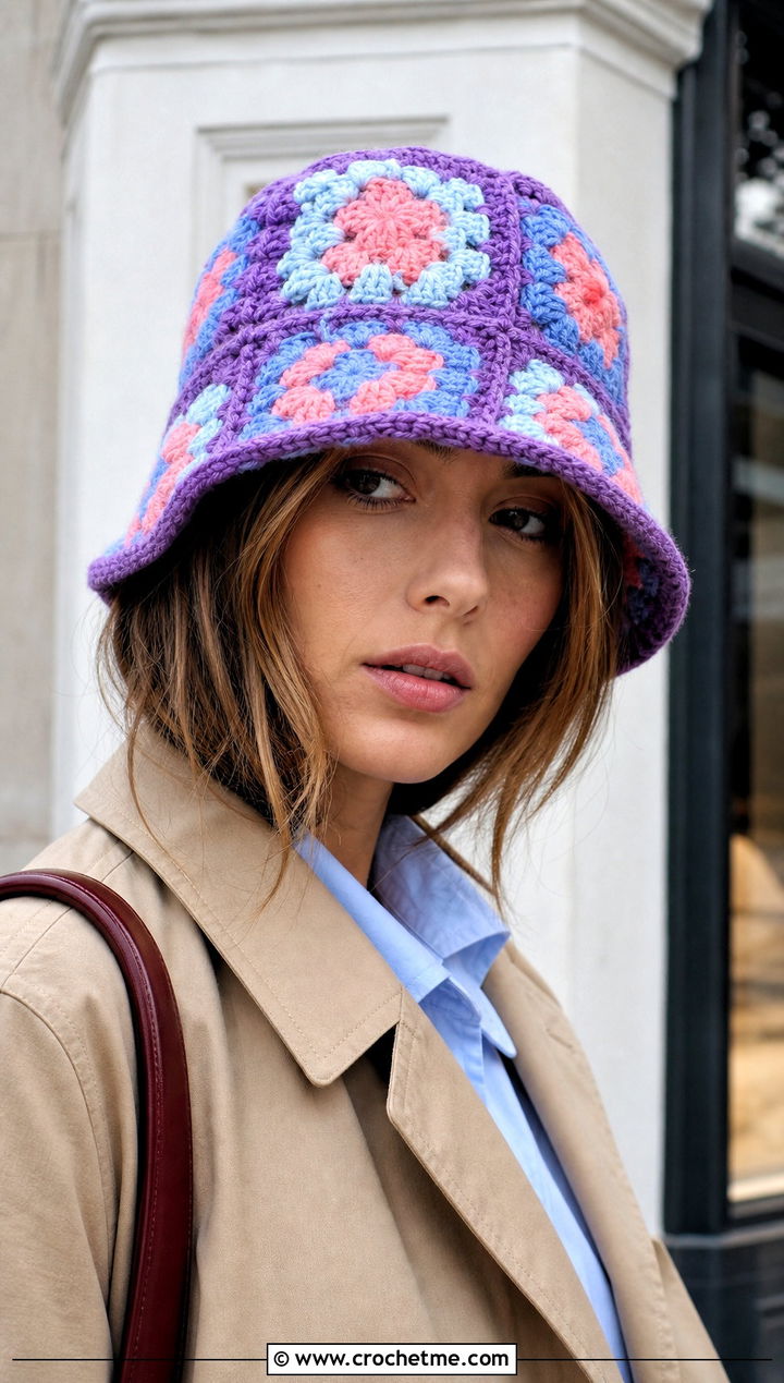 Granny Square Chunky Crochet Bucket Hat With Trench Coat - 25 Chunky Crochet Bucket Hat outfit ideas