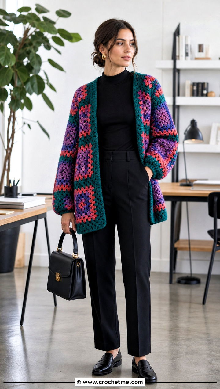 Granny Square Chunky Crochet Cardigan With Tailored Black Trousers - 15 Chunky Yarn Crochet Cardigan outfit ideas