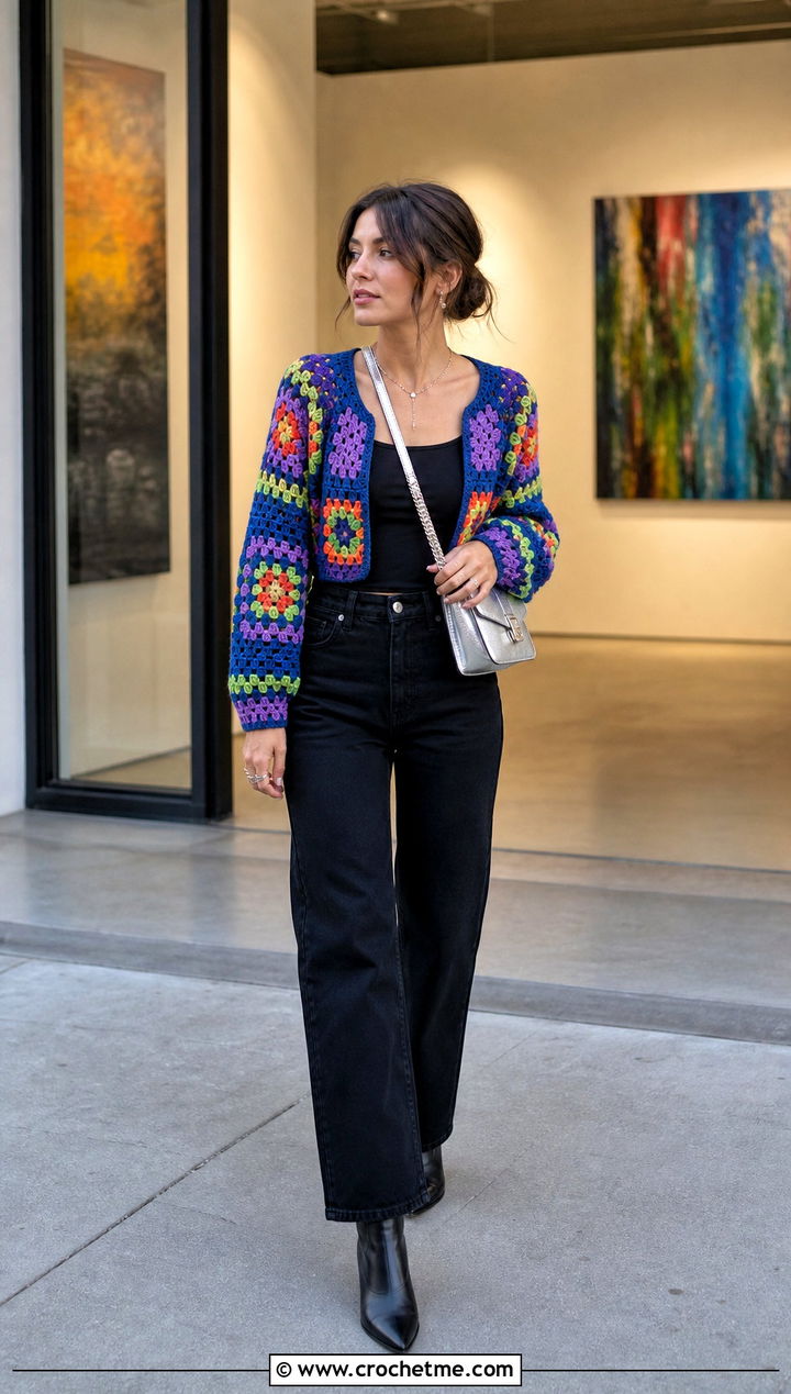 Granny Square Chunky Crochet Crop Cardigan With Black Jeans - 25 Chunky Crochet Crop Cardigan outfit ideas