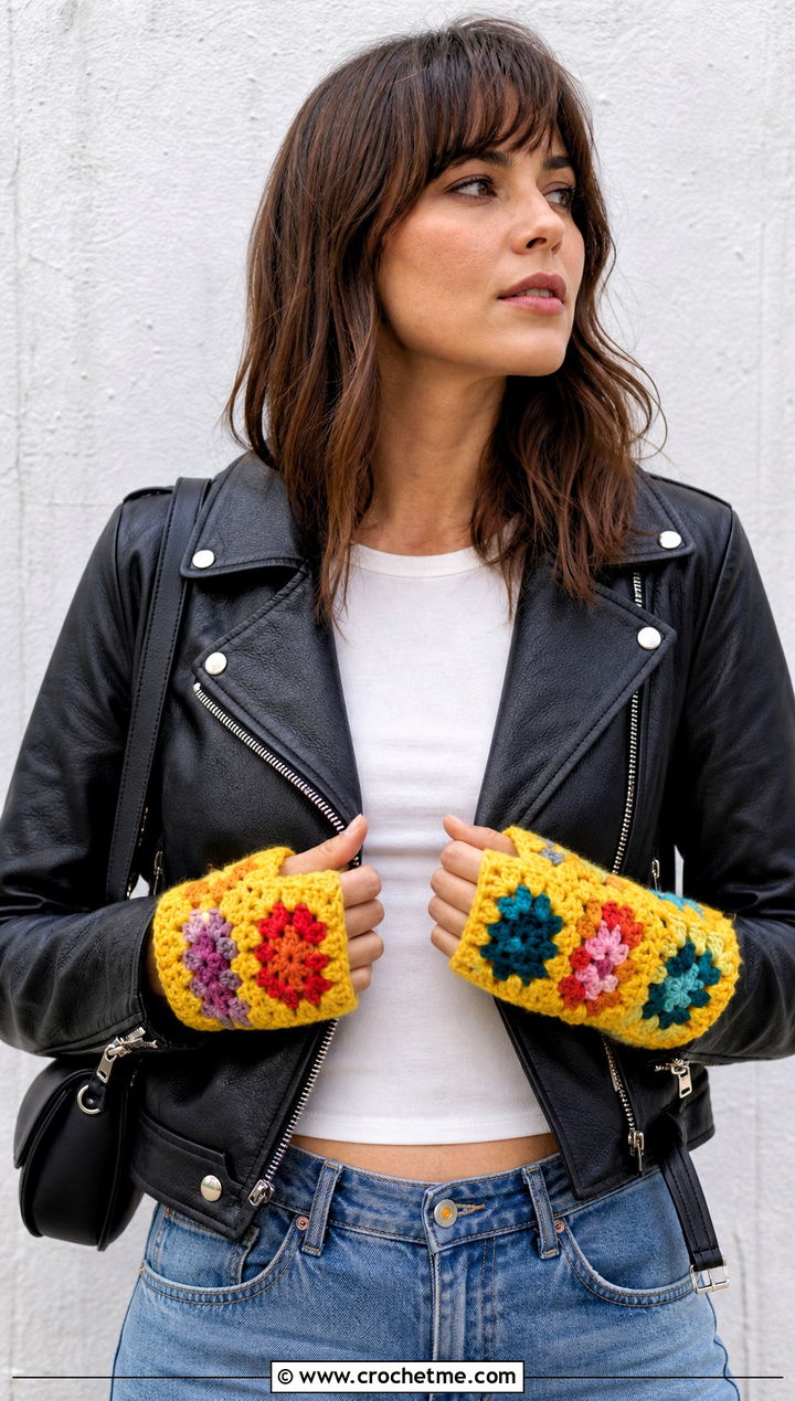 Granny Square Chunky Crochet Fingerless Gloves With Leather Jacket - 30 chunky yarn crochet fingerless gloves outfit ideas