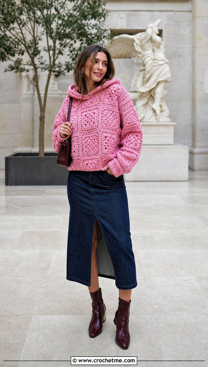 Granny Square Chunky Crochet Hoodie With Denim Midi Skirt - 25 crochet chunky hoodie outfit ideas
