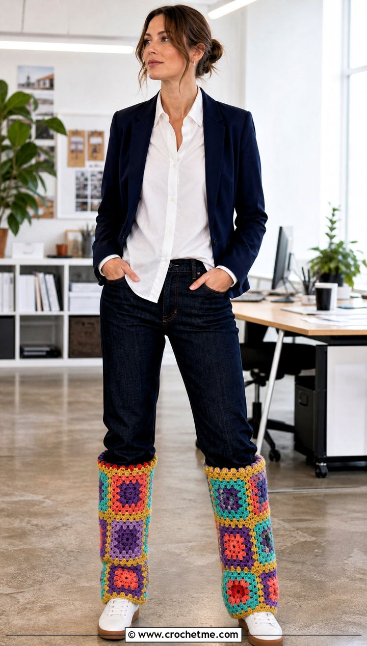 Granny Square Chunky Crochet Leg Warmers With Jeans - 25 chunky crochet leg warmers outfit ideas