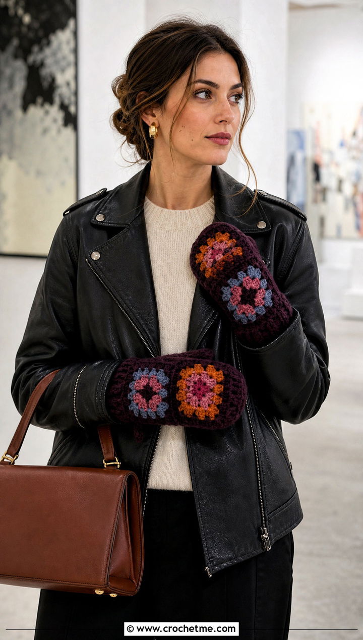 Granny Square Chunky Crochet Mittens With Leather Jacket - 20 Chunky Yarn Crochet Mittens outfit ideas
