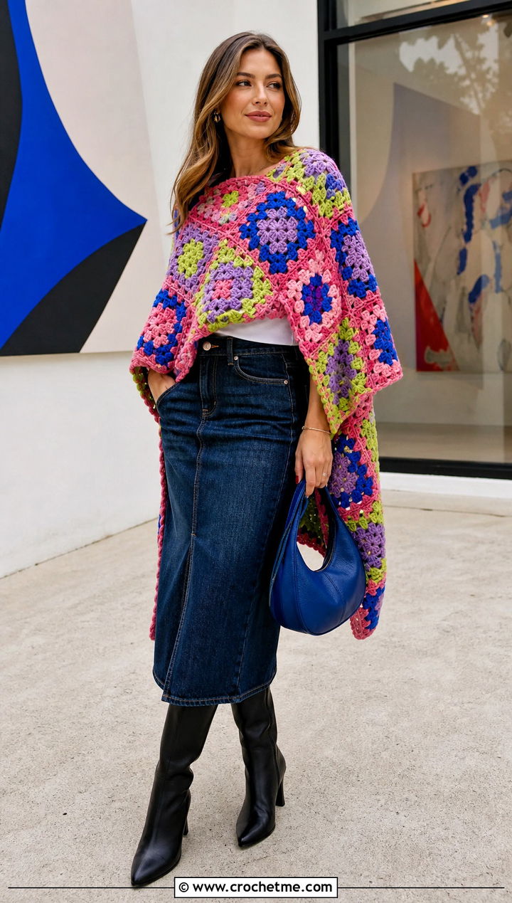 Granny Square Chunky Crochet Poncho With Denim Skirt - 25 Chunky Yarn Crochet Poncho outfit ideas