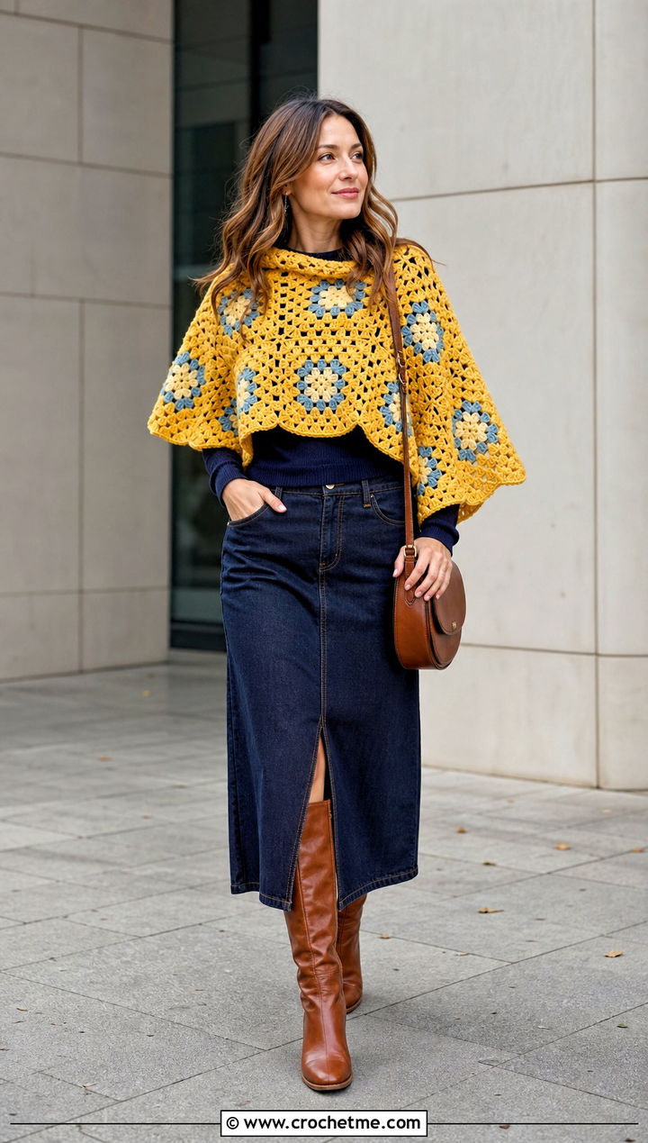 Granny Square Chunky Crochet Poncho With Denim Skirt - 25 Chunky Crochet Poncho outfit ideas