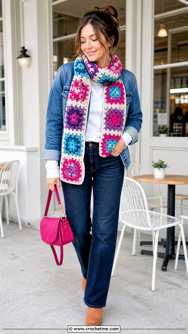 Granny Square Chunky Crochet Scarf With Denim Jacket - 35 chunky crochet scarf outfit ideas