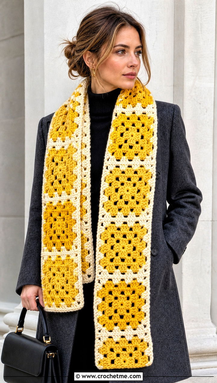 Granny Square Chunky Crochet Scarf With Tailored Coat - 15 Crochet Scarves Chunky Yarn outfit ideas