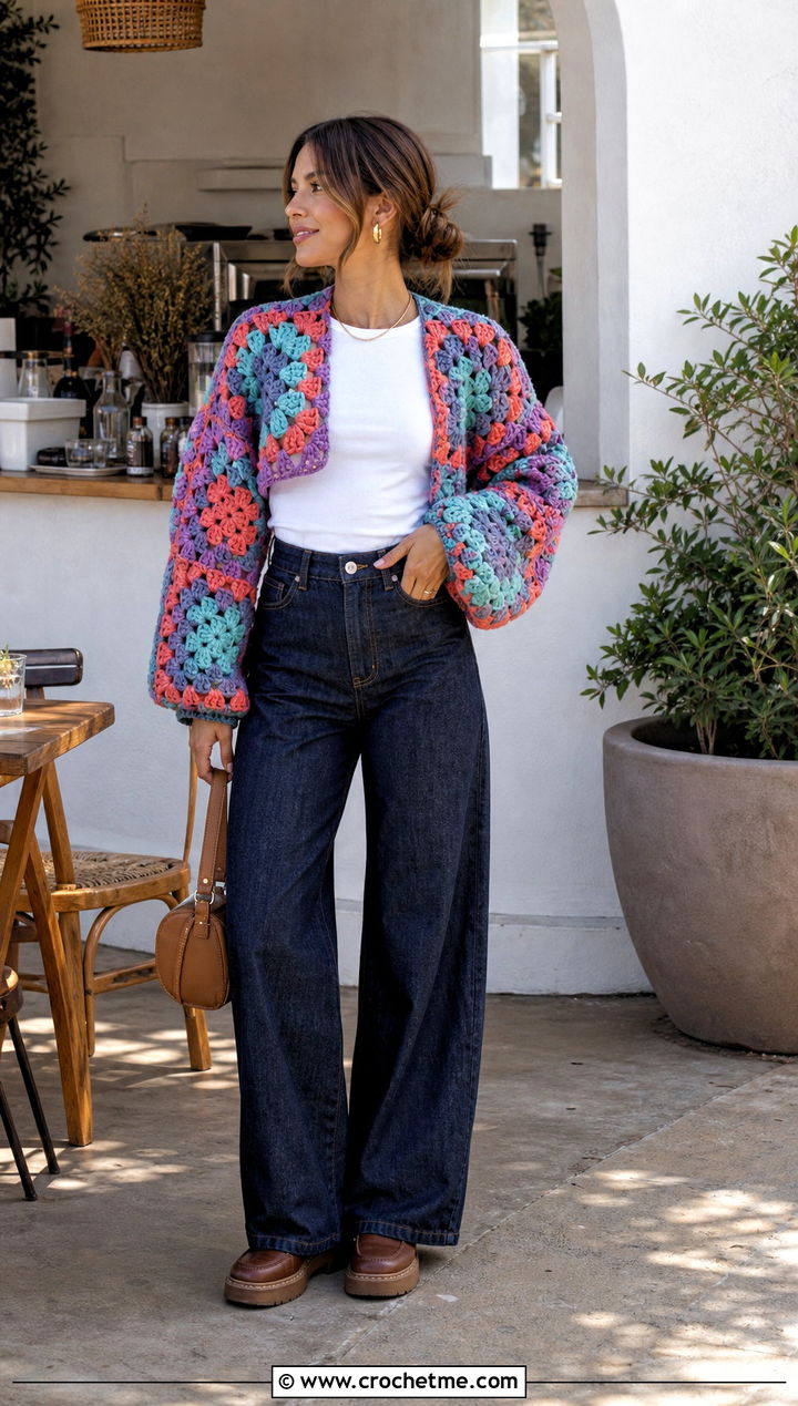 Granny Square Chunky Crochet Shrug With Wide Leg Jeans - 25 Chunky Crochet Shrug outfit ideas
