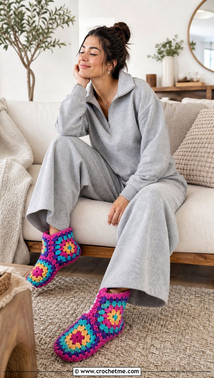 Granny Square Chunky Crochet Slipper Socks With Lounge Set - 25 Chunky Crochet Socks outfit ideas