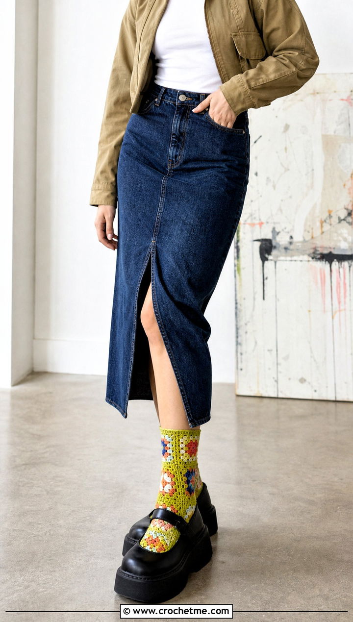 Granny Square Chunky Crochet Socks With A Denim Midi Skirt - 15 crochet sock chunky yarn outfit ideas