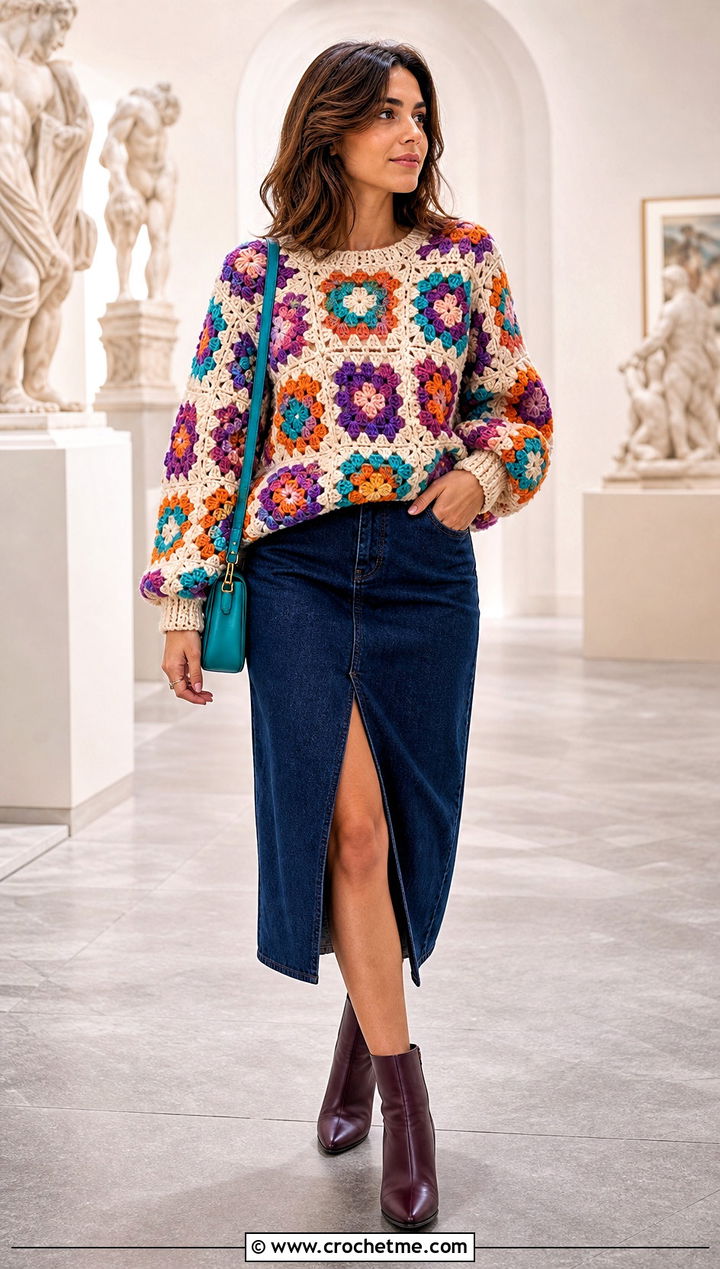 Granny Square Chunky Crochet Sweater With Denim Midi Skirt - 25 Chunky Crochet Sweaters outfit ideas