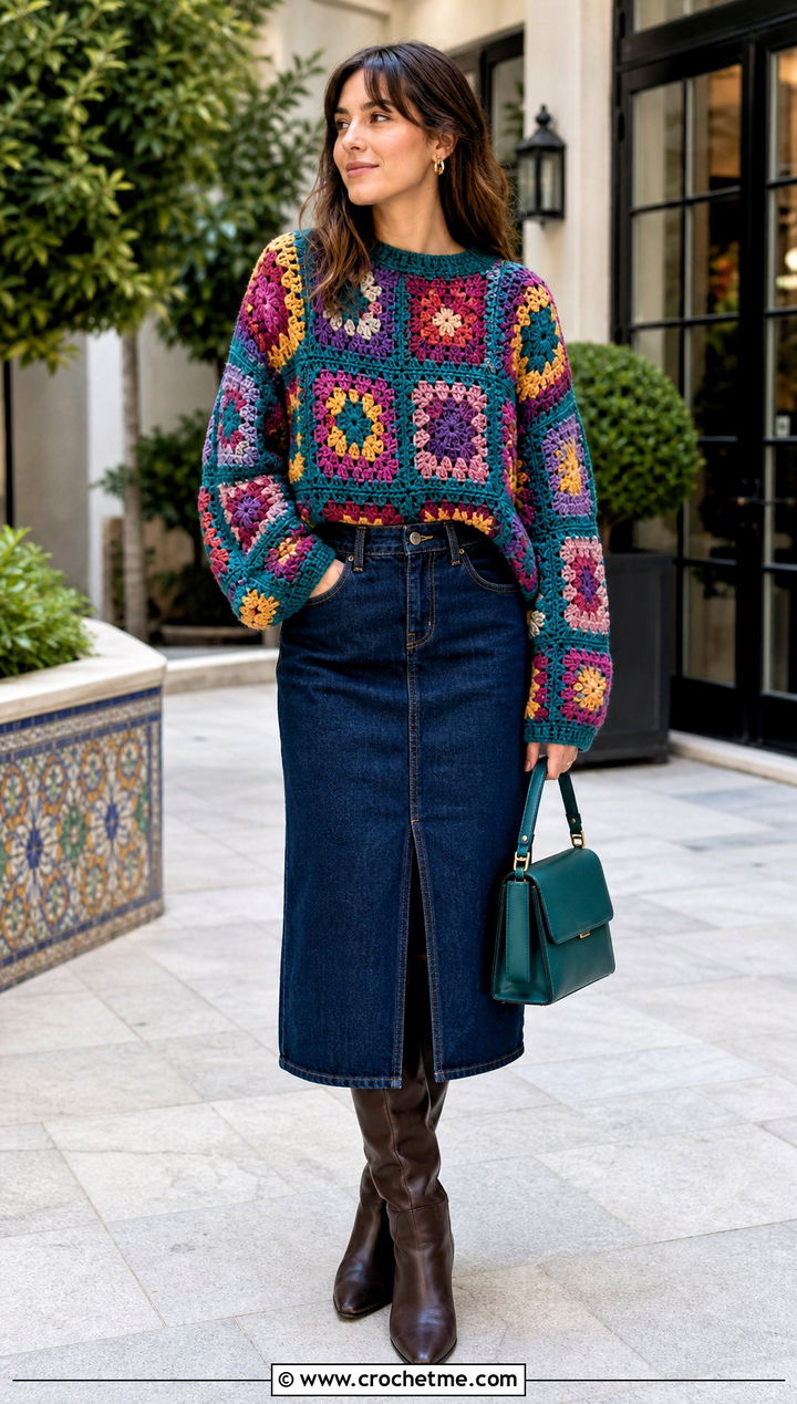 Granny Square Chunky Crochet Sweater With Denim Midi Skirt - 25 Easy Chunky Crochet Sweater outfit ideas