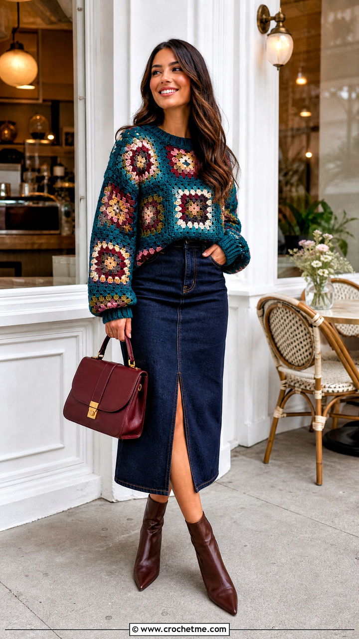 Granny Square Chunky Crochet Sweater With Denim Midi Skirt - 35 chunky crochet sweater outfit ideas