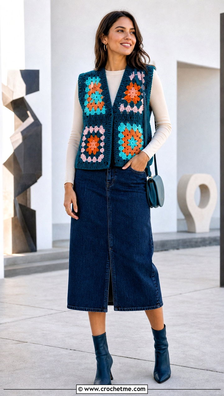 Granny Square Chunky Crochet Vest With Denim Midi Skirt - 30 crochet chunky vest outfit ideas