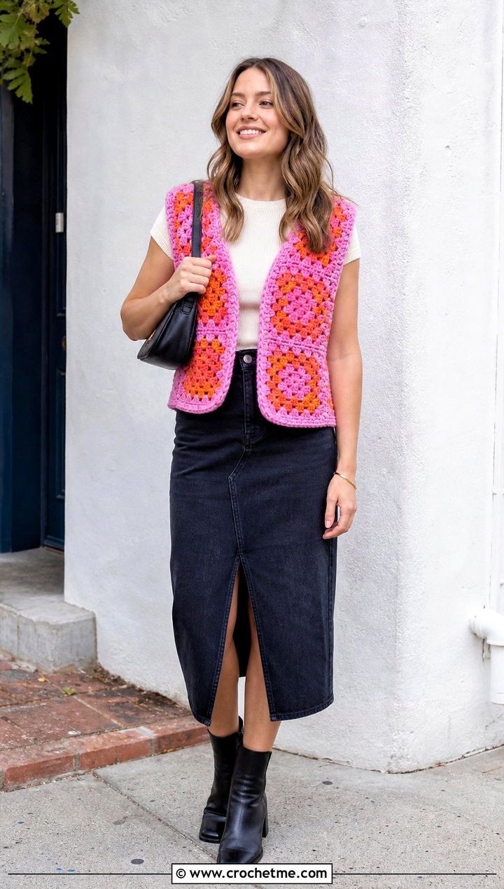 Granny Square Chunky Crochet Vest With Denim Skirt - 20 Chunky Yarn Crochet Vest outfit ideas