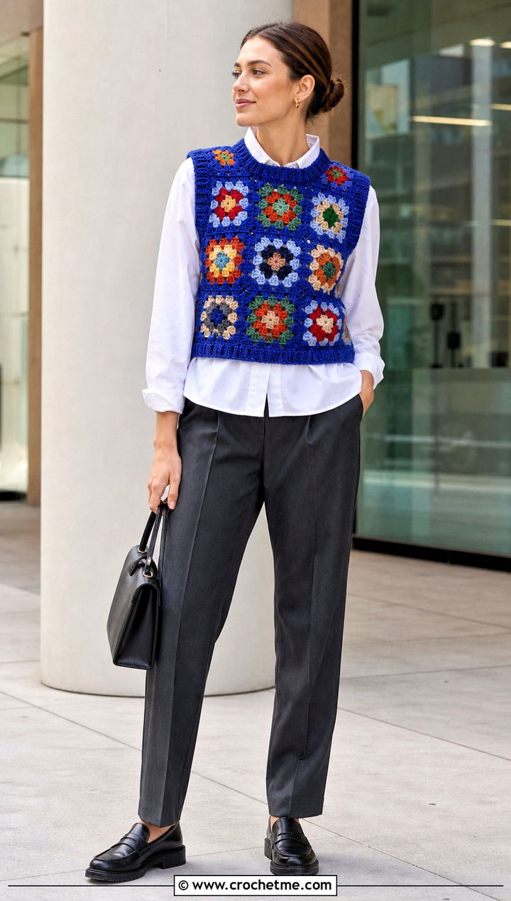 Granny Square Chunky Crochet Vest With White Shirt And Trousers - 25 Chunky Crochet Vest outfit ideas