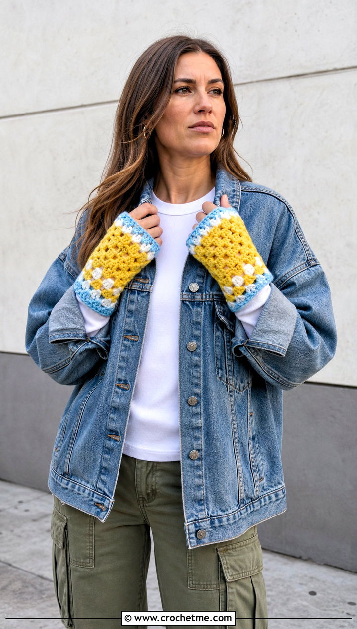 Granny Square Chunky Fingerless Mittens With Denim Jacket - 30 crochet chunky mittens outfit ideas