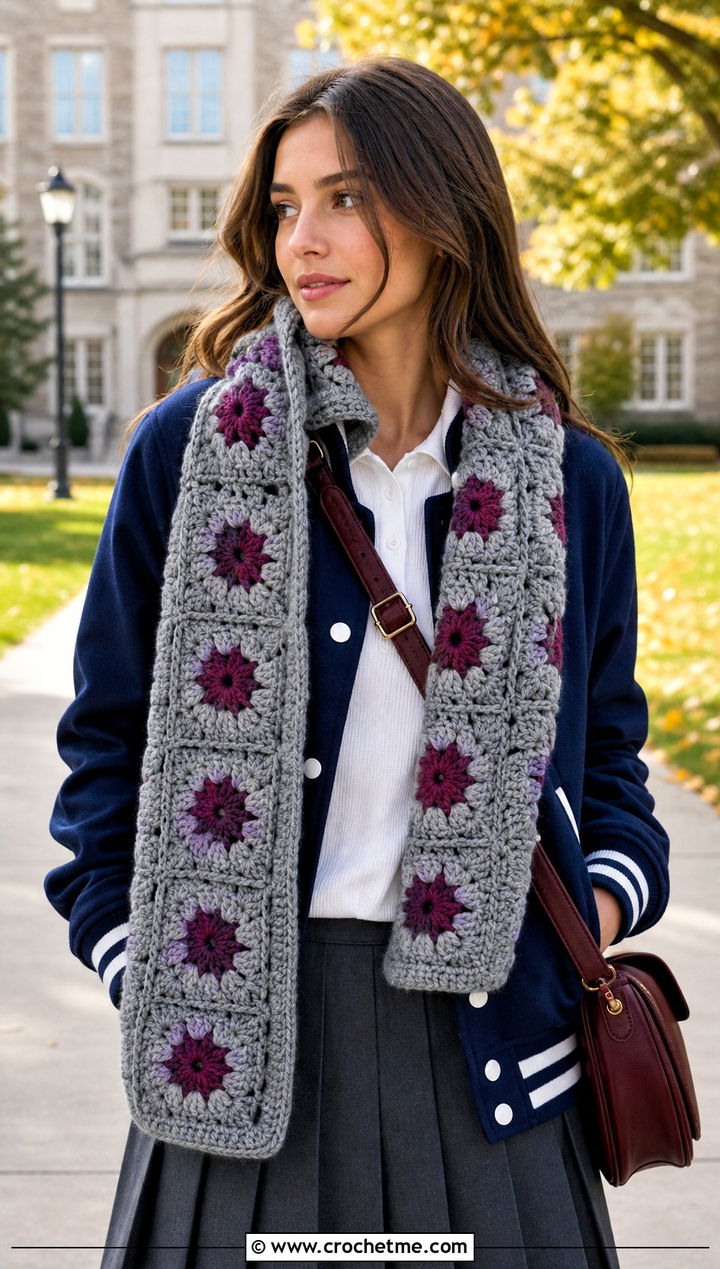 Granny Square Chunky Gray Crochet Scarf With Varsity Jacket And Skirt - 15 Chunky Gray Crochet Scarf outfit ideas