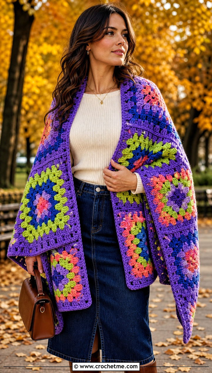 Granny Square Chunky Shawl With Denim Midi Skirt - 25 Crochet Chunky Shawl outfit ideas