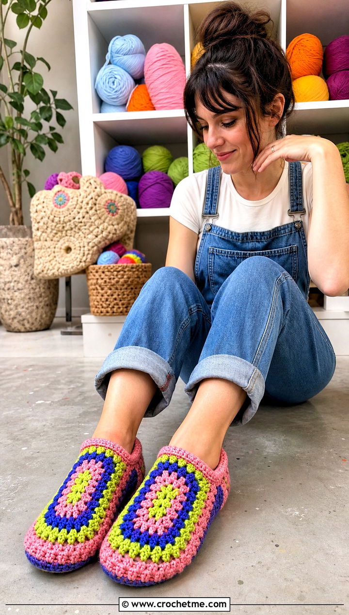 Granny Square Chunky Yarn Crochet Slippers With Overalls - 15 Crochet Slippers Chunky Yarn outfit ideas