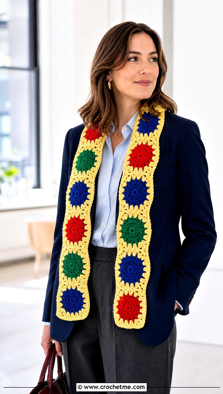 Granny Square Circle Crochet Scarf With Blazer And Trousers - 15 crochet scarf with colorful circles outfit ideas