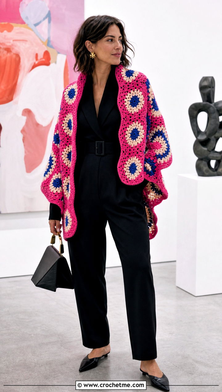 Granny Square Circular Shawl With a Jumpsuit - 30 crochet circular shawl outfit ideas