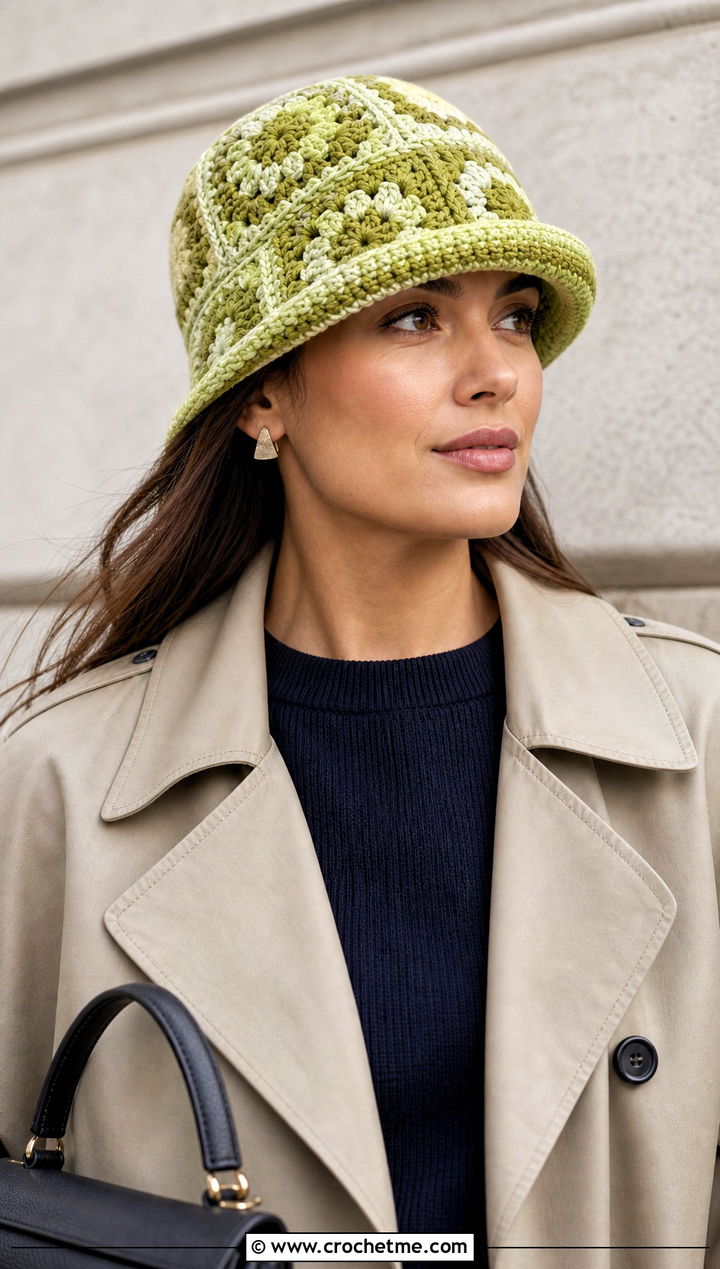 Granny Square Cloche Hat With Trench Coat - 20 Granny Crochet Hat outfit ideas