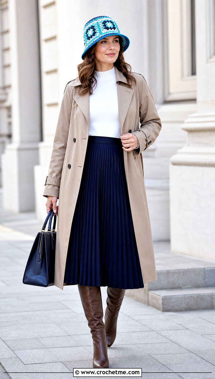 Granny Square Cloche Hat With Trench Coat And Midi Skirt - 35 granny square hats outfit ideas