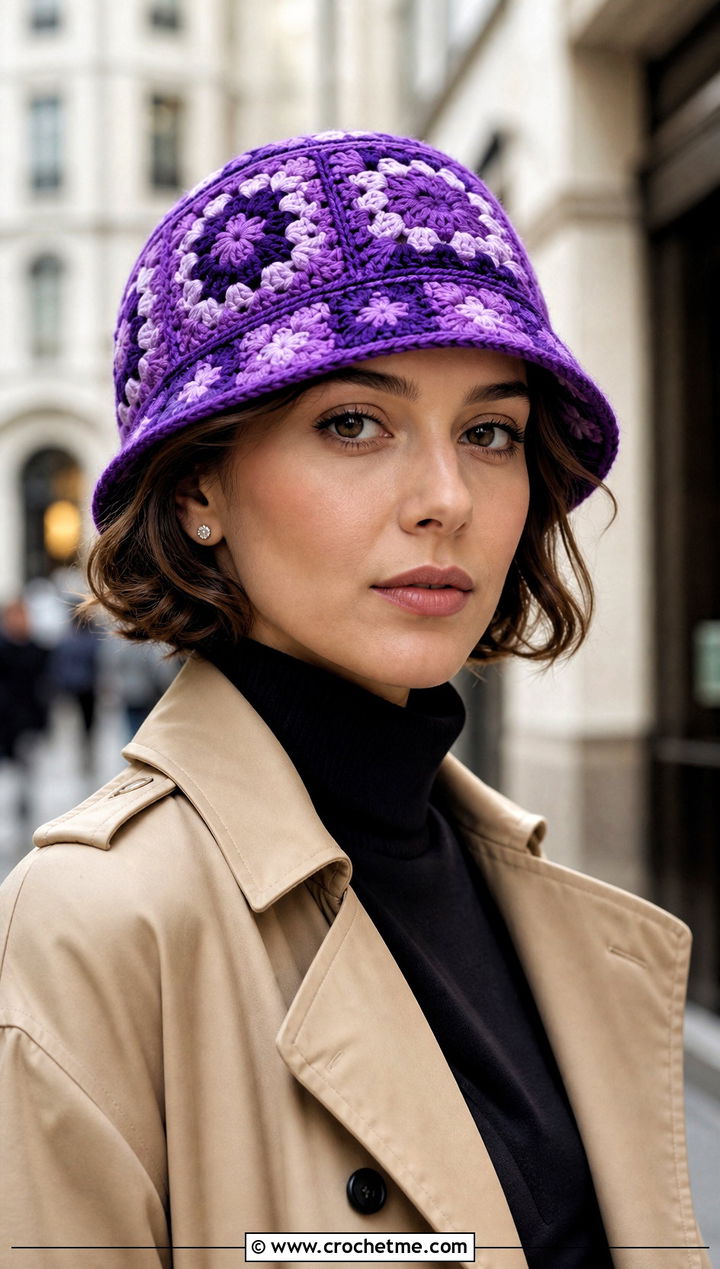 Granny Square Cloche Hat With Trench Coat - 25 Easy Crochet Granny Square Hats outfit ideas
