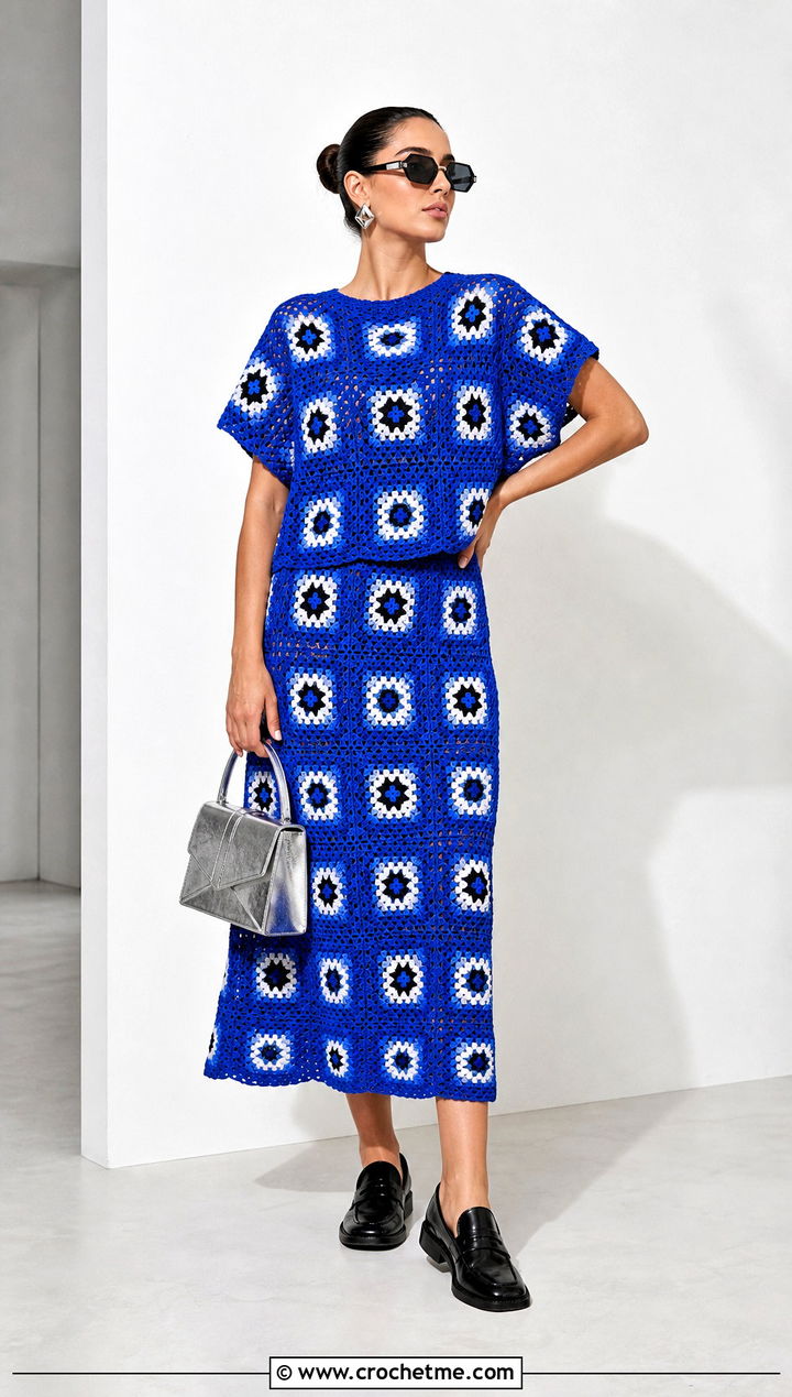 Granny Square Co Ord Set With Structured Accessories - 30 crochet granny square clothing and outfit ideas