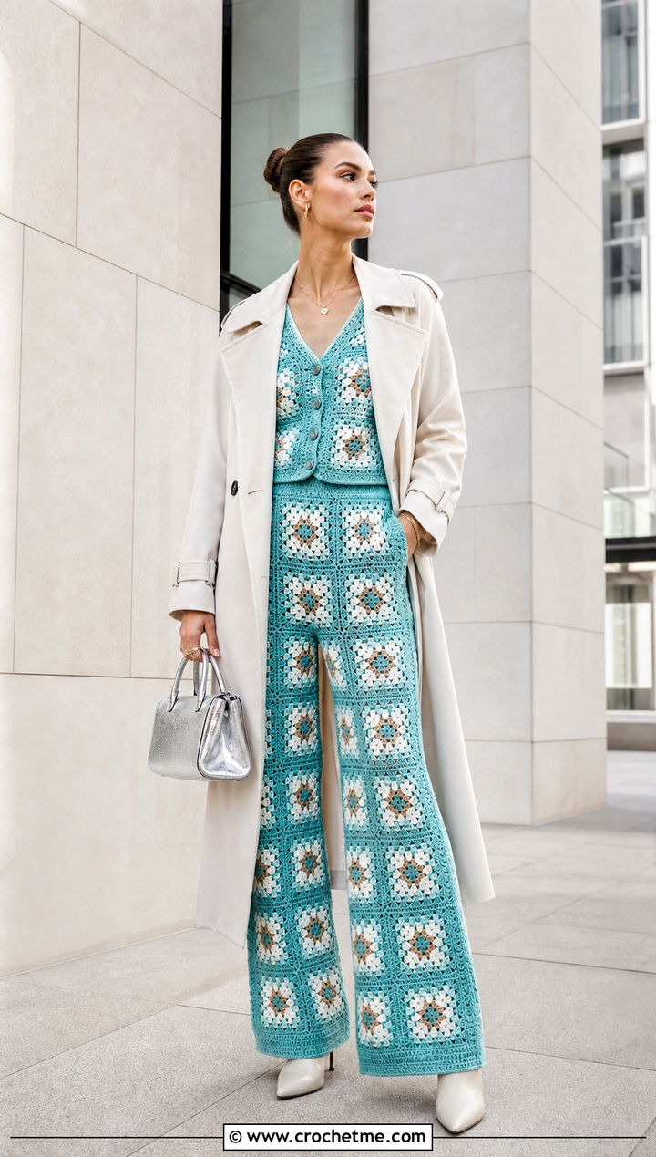 Granny Square Co Ord Set With Trench Coat - 25 Crochet Clothes With Granny Squares outfit ideas