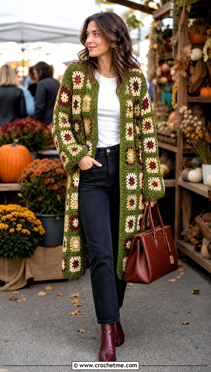 Granny Square Coat Cover Up With T Shirt And Jeans - 35 granny square cover up outfit ideas