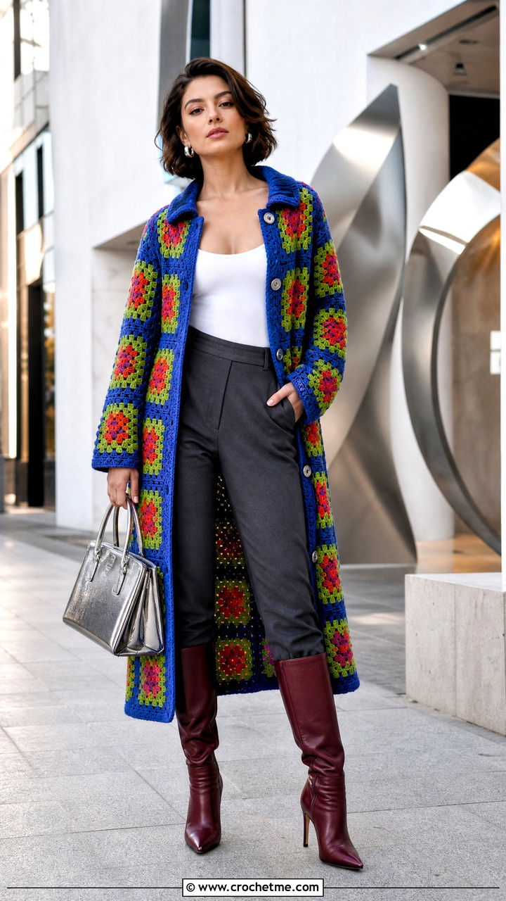 Granny Square Coat Dress With Tall Heeled Boots - 35 crochet granny square dress outfit ideas