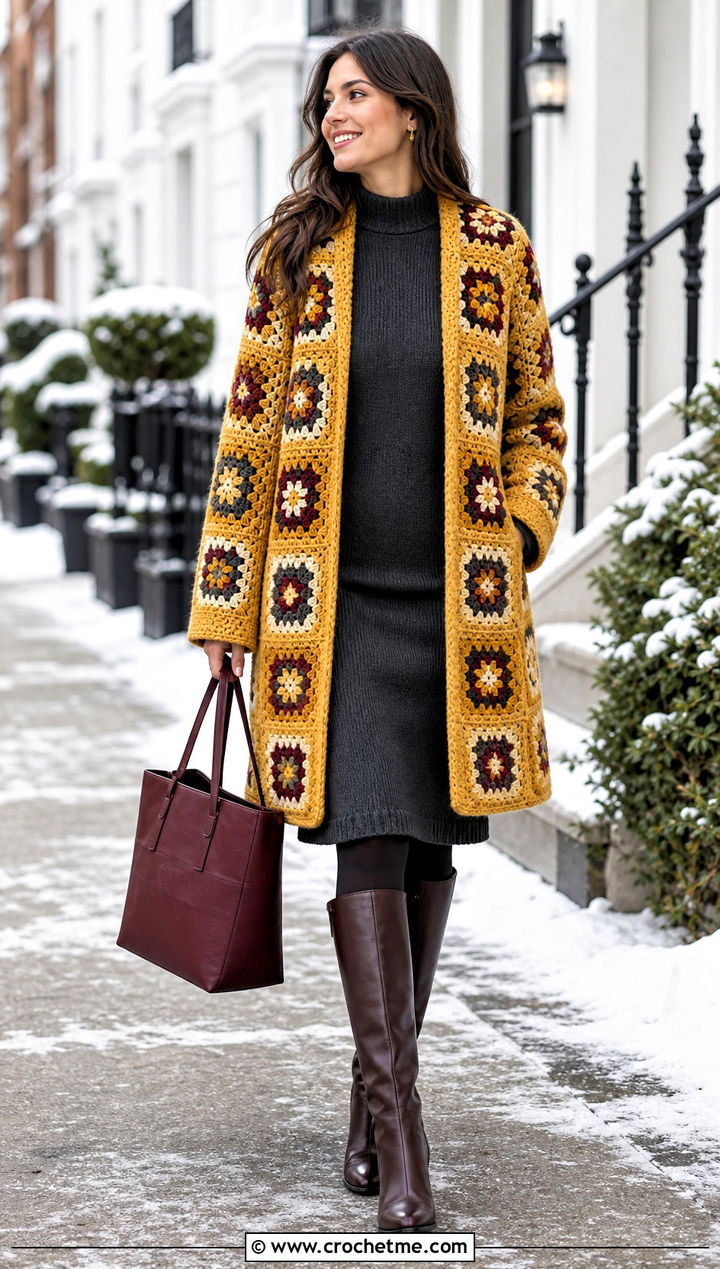 Granny Square Coat Jacket With Sweater Dress - 30 crochet granny square jacket outfit ideas