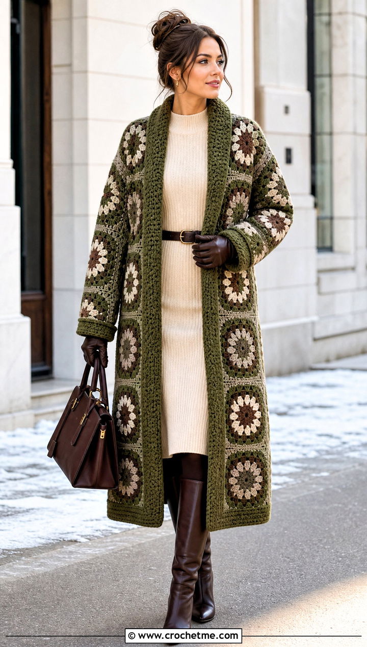 Granny Square Coat With Knit Dress - 35 Granny Square Clothing Ideas