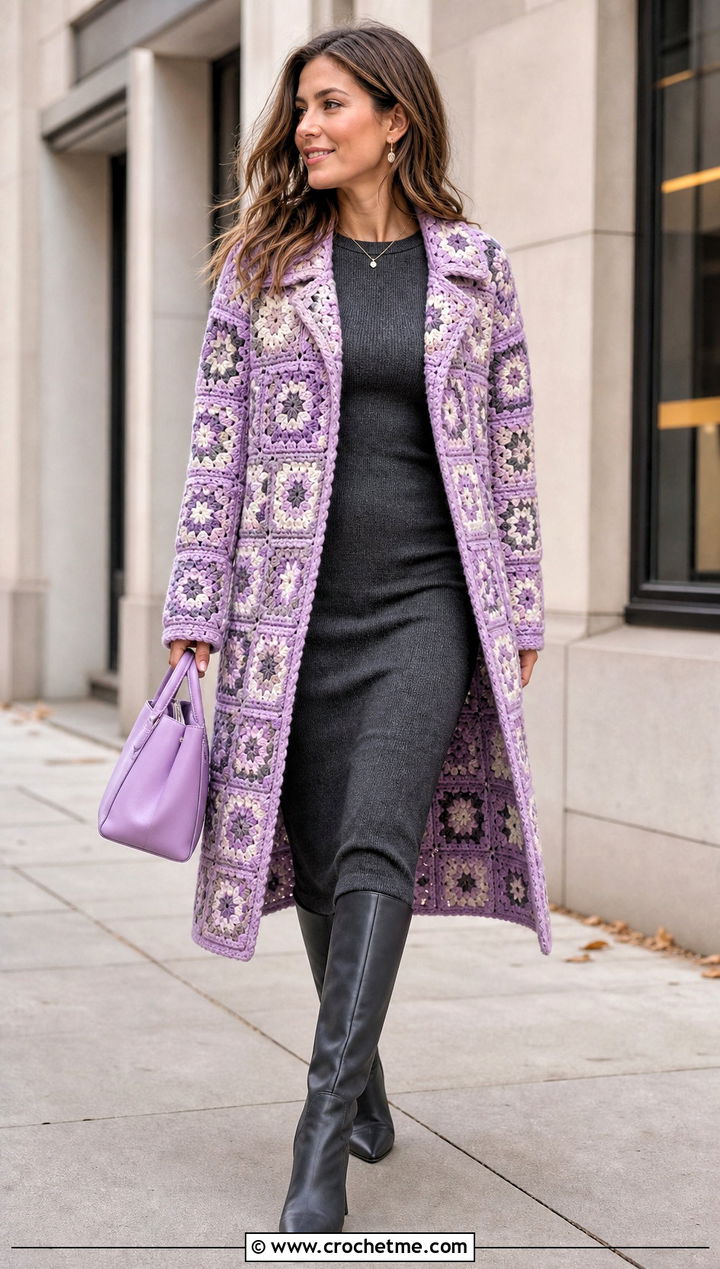 Granny Square Coat With Knit Dress And Boots - 30 granny squares clothes and outfit ideas