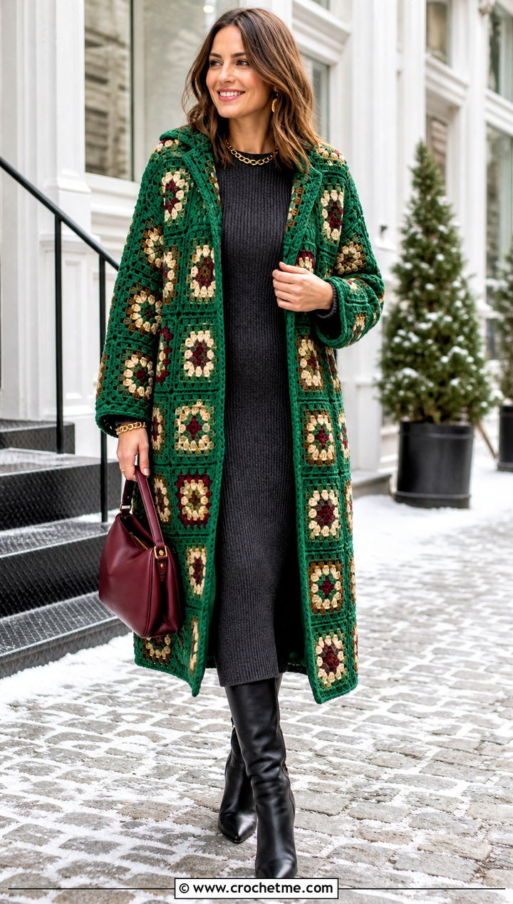 Granny Square Coat With Knit Dress - 30 crochet granny square clothing and outfit ideas