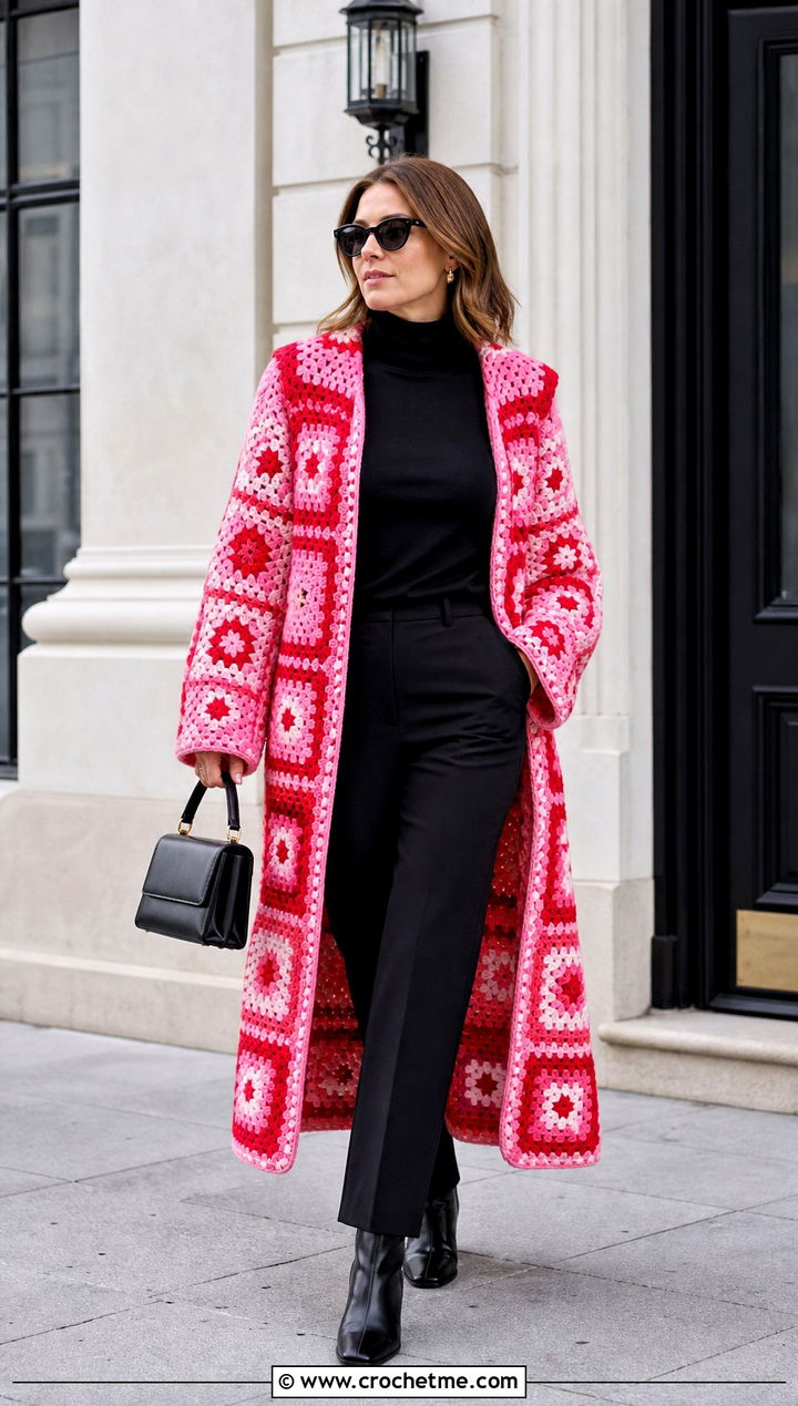 Granny Square Coat With Monochrome Basics - 35 granny square clothing and outfit ideas