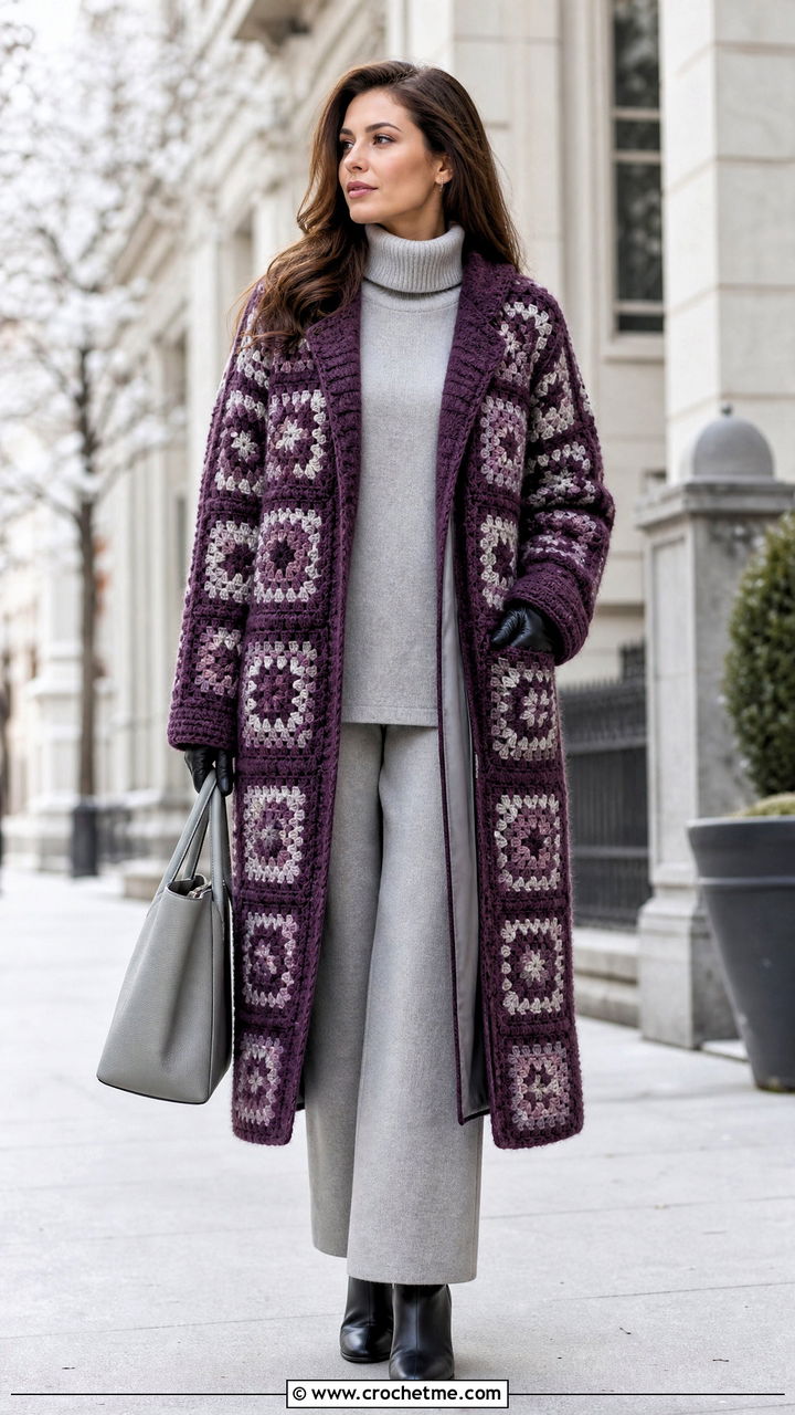 Granny Square Coat With Monochrome Knit Outfit - 35 granny square clothes and outfit ideas