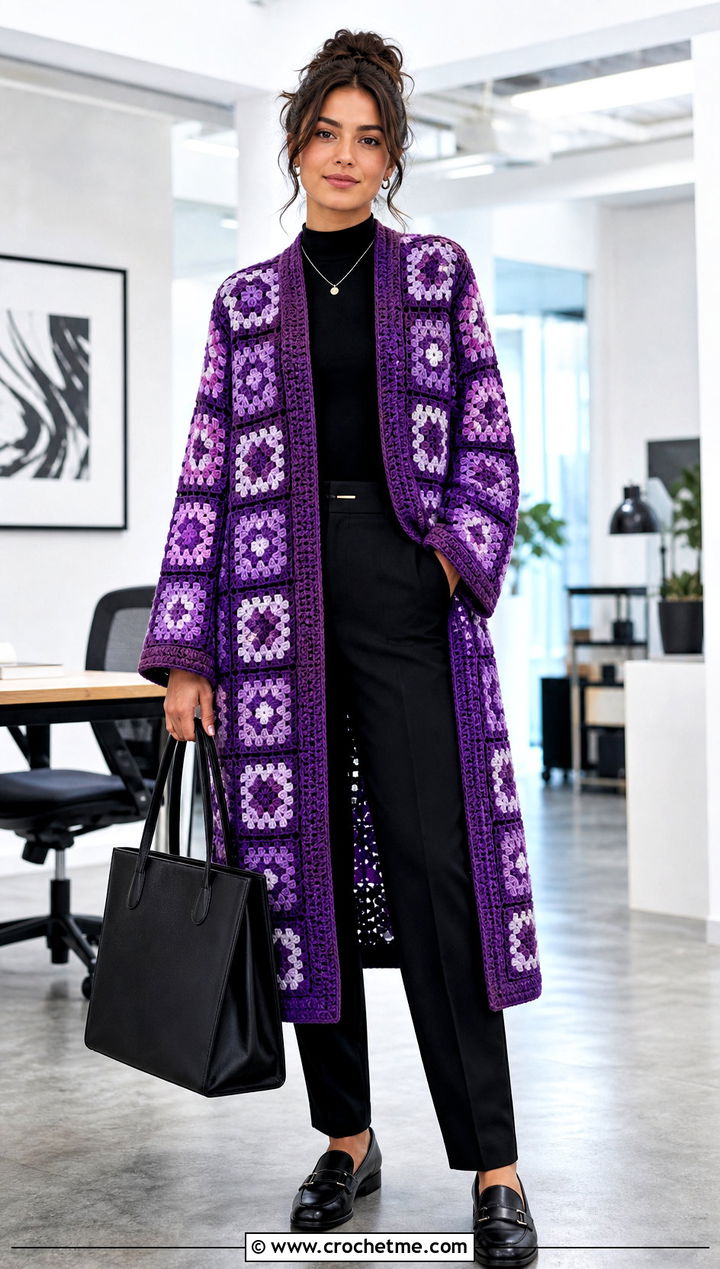 Granny Square Coatigan With Black Tailored Pants - 25 granny square long cardigan outfit ideas