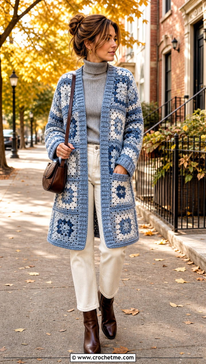 Granny Square Coatigan With Ecru Jeans - 15 originally lovely granny square cardigan outfit ideas