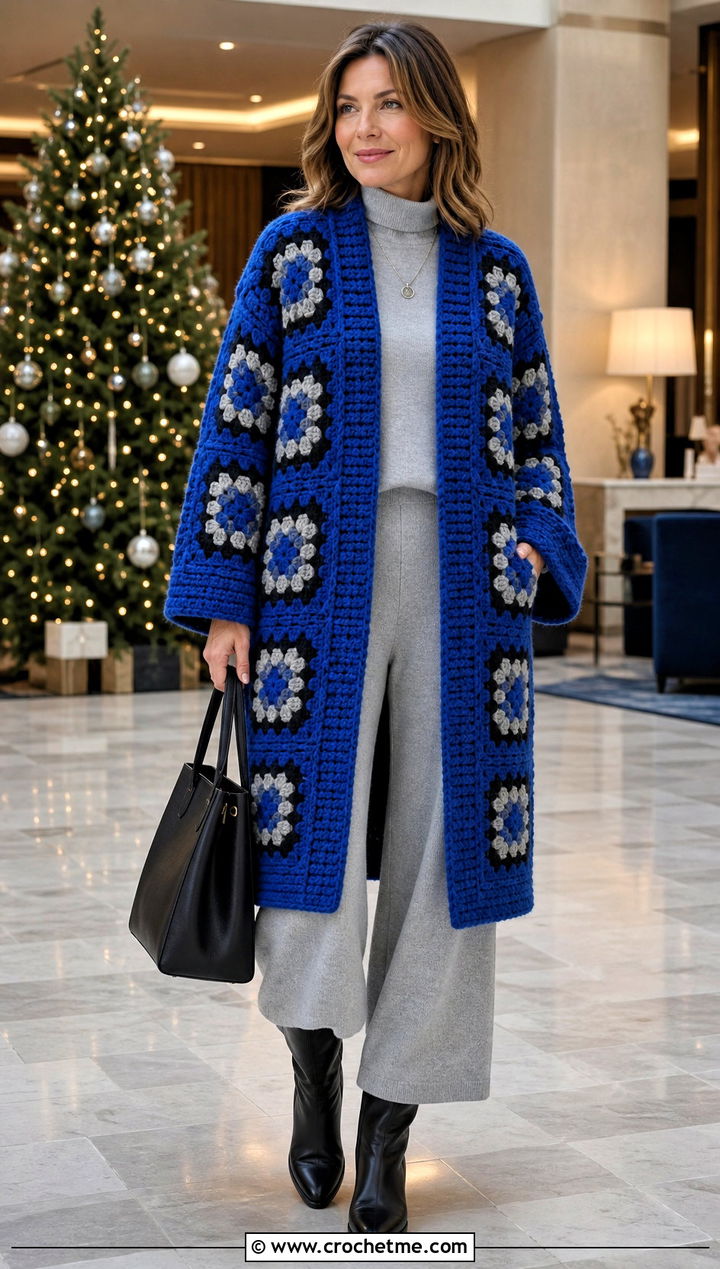 Granny Square Coatigan With Knit Pants - 35 granny square crochet cardigan jacket outfit ideas