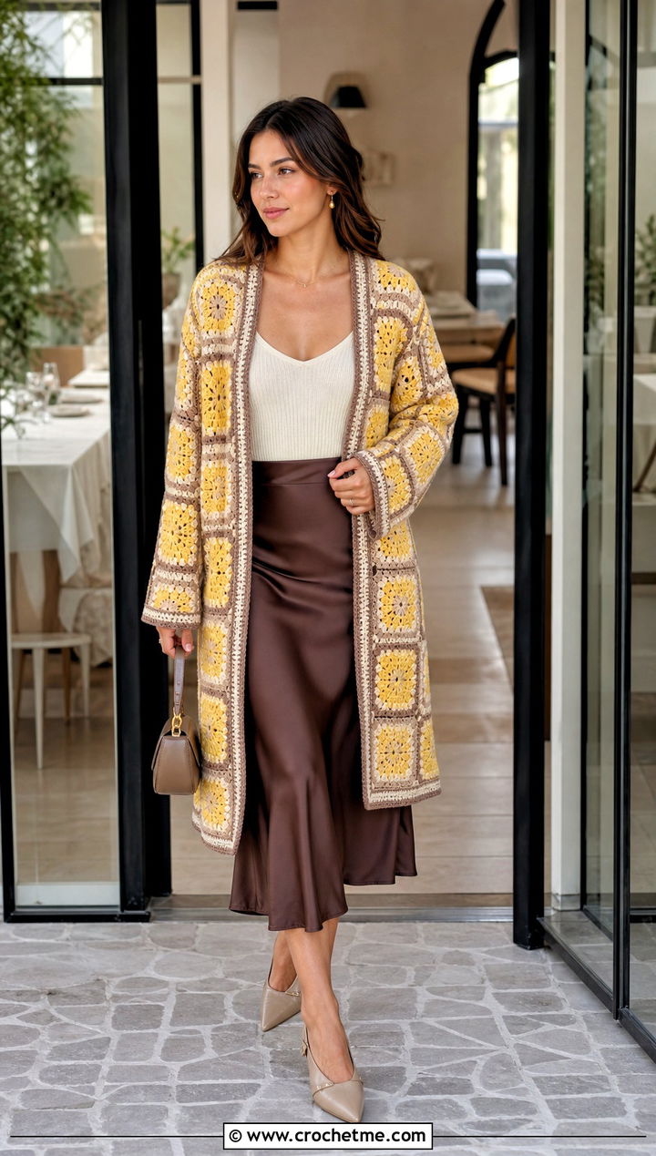 Granny Square Coatigan With Satin Midi Skirt - 30 crochet granny square coat outfit ideas