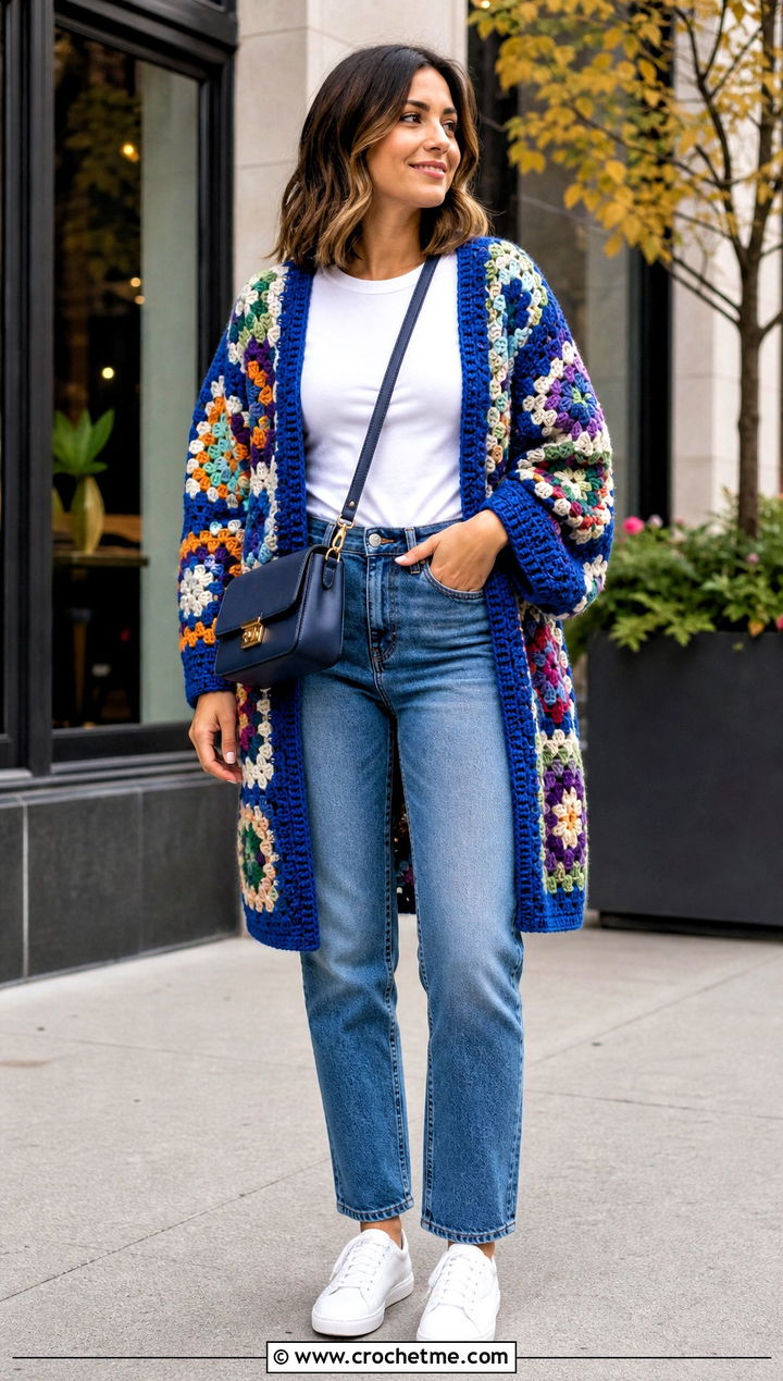 Granny Square Cocoon Blanket Crochet Cardigan With Straight Jeans - 25 blanket crochet cardigan outfit ideas
