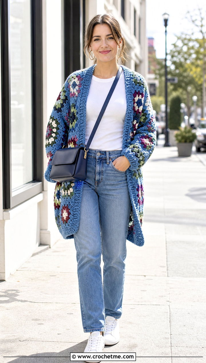 Granny Square Cocoon Blanket Sweater With Straight Jeans - 30 crochet blanket sweater outfit ideas
