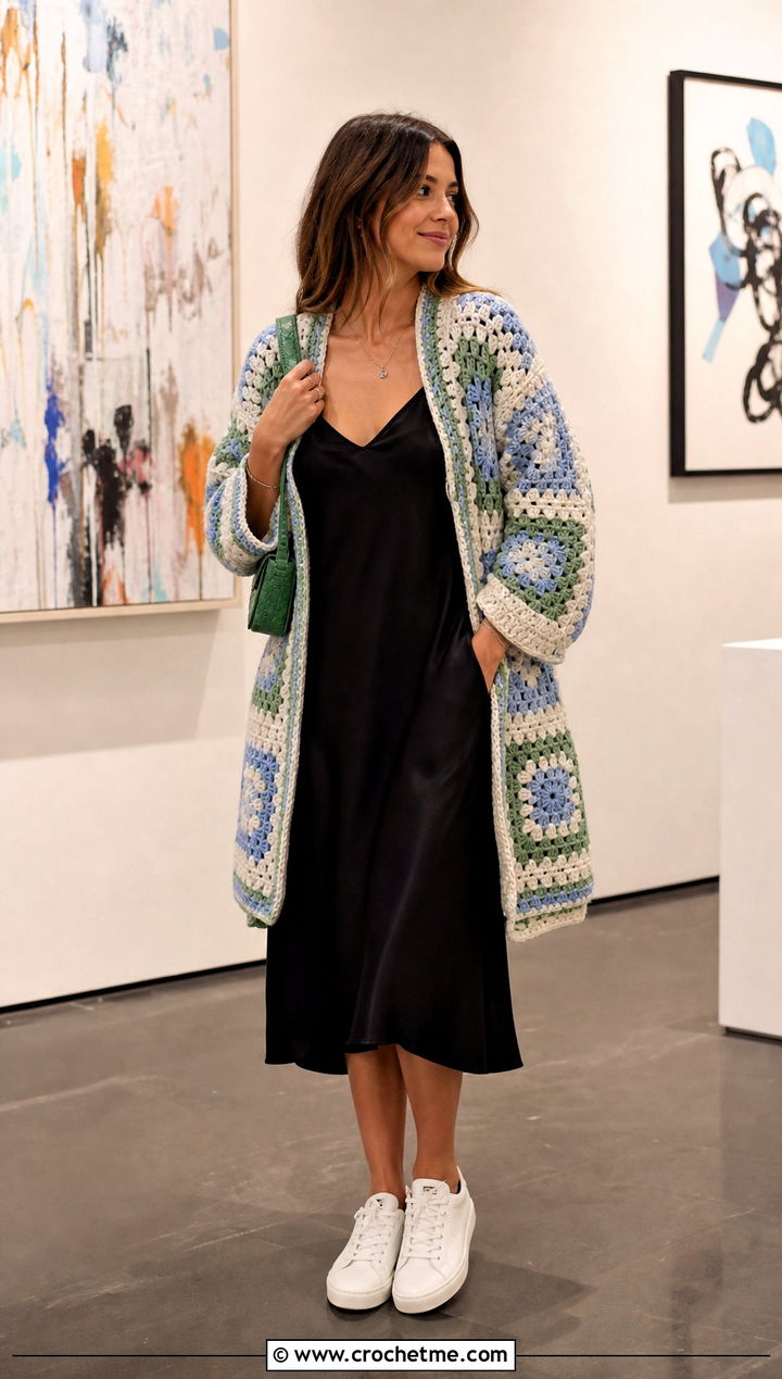 Granny Square Cocoon Crochet Cardigan With Slip Dress - 25 Cocoon Crochet Cardigan outfit ideas